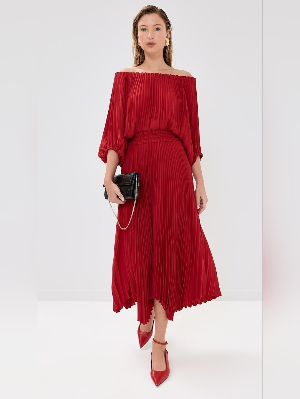 Off-Shoulder Pleated Midi Dress in Deep Red